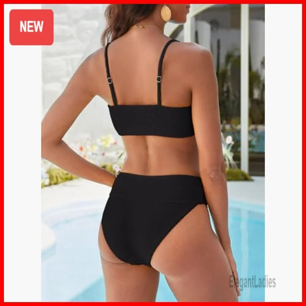 High Waisted Bikini Set Tummy Control Ribbed Texture Adjustable Straps